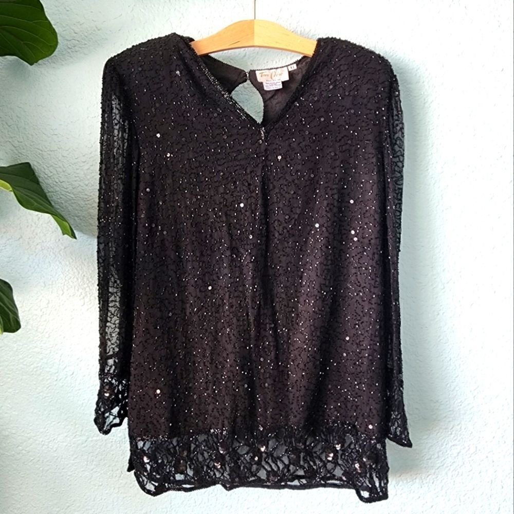 TAN CHHO SILK vintage embellish beads and sequins tunic style blouse